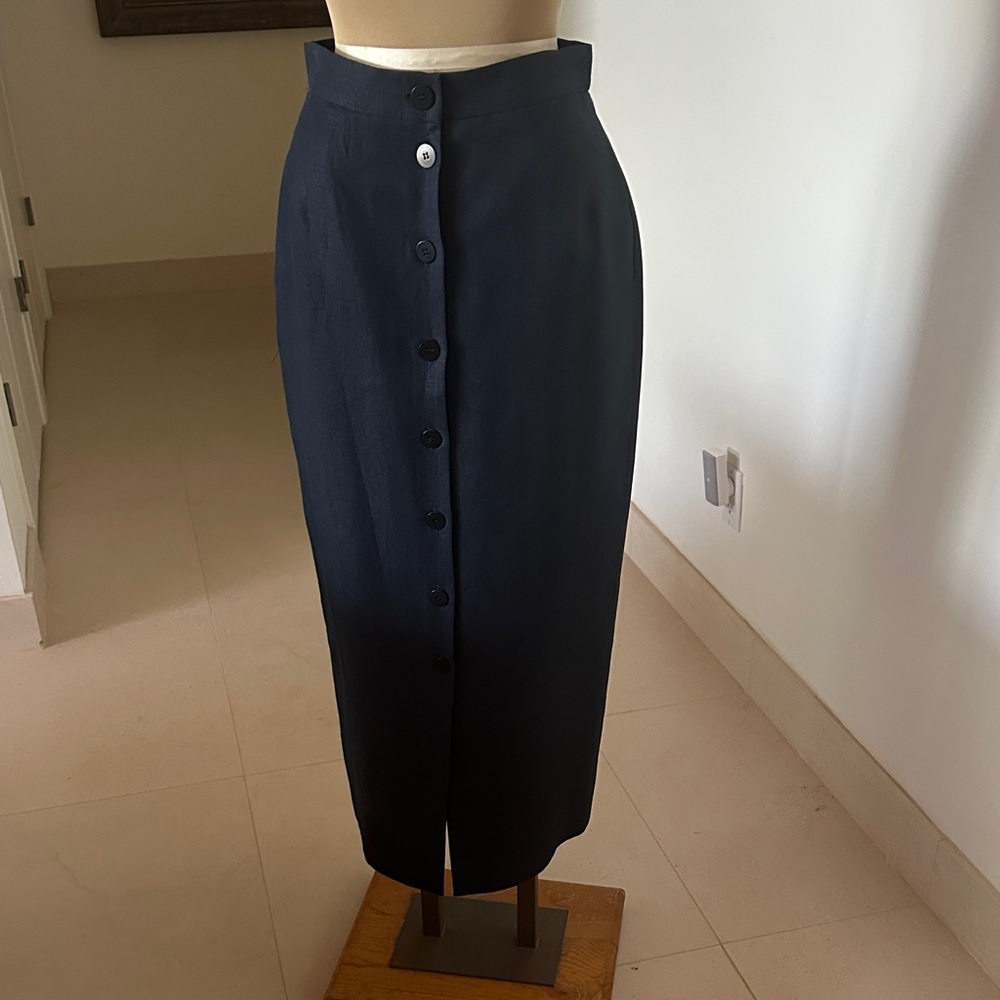 High-Waist Navy Button-Front Midi Skirt